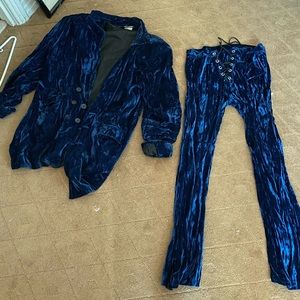 Blue crushed velvet pants and jacket